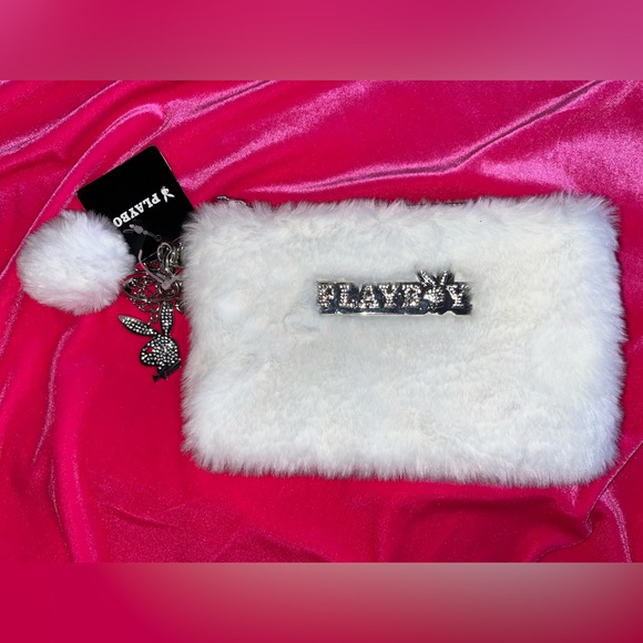 Playboy x Spencer’s fuzzy zipper pouch/clutch w. pom Pom - Picture 3 of 11